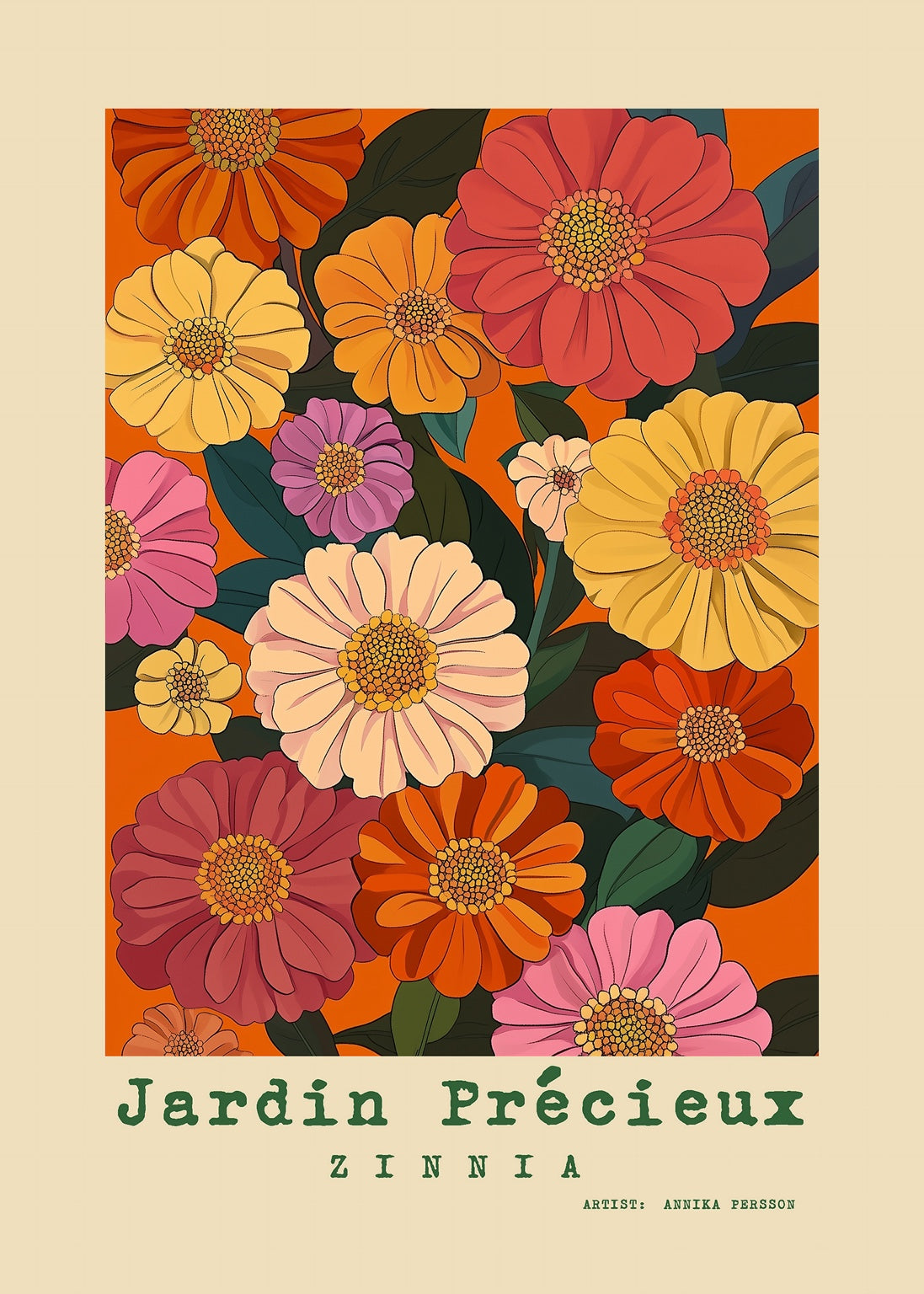 Jardin Précieux Zinnia floral poster by Annika Persson